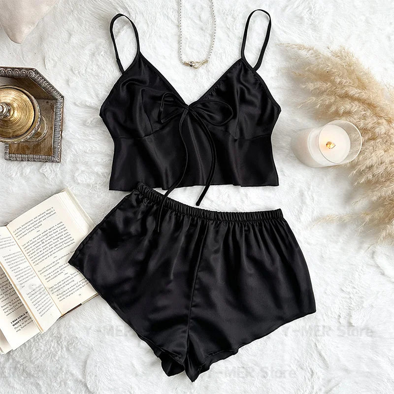 Champagne Women's Pyjamas Ice Silk Lingerie Lady Satin Loungewear Summer New Cami Top Shorts Sexy 2 Pieces Pijama Mujer Nightwear