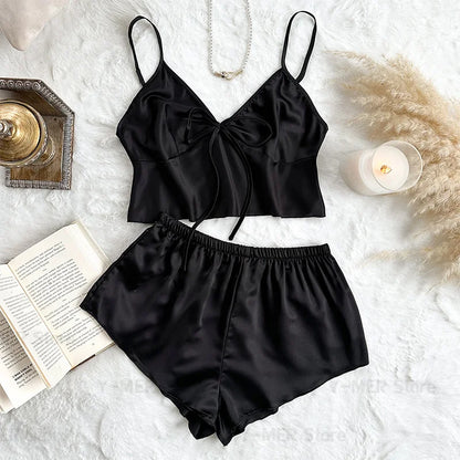 Champagne Women's Pyjamas Ice Silk Lingerie Lady Satin Loungewear Summer New Cami Top Shorts Sexy 2 Pieces Pijama Mujer Nightwear