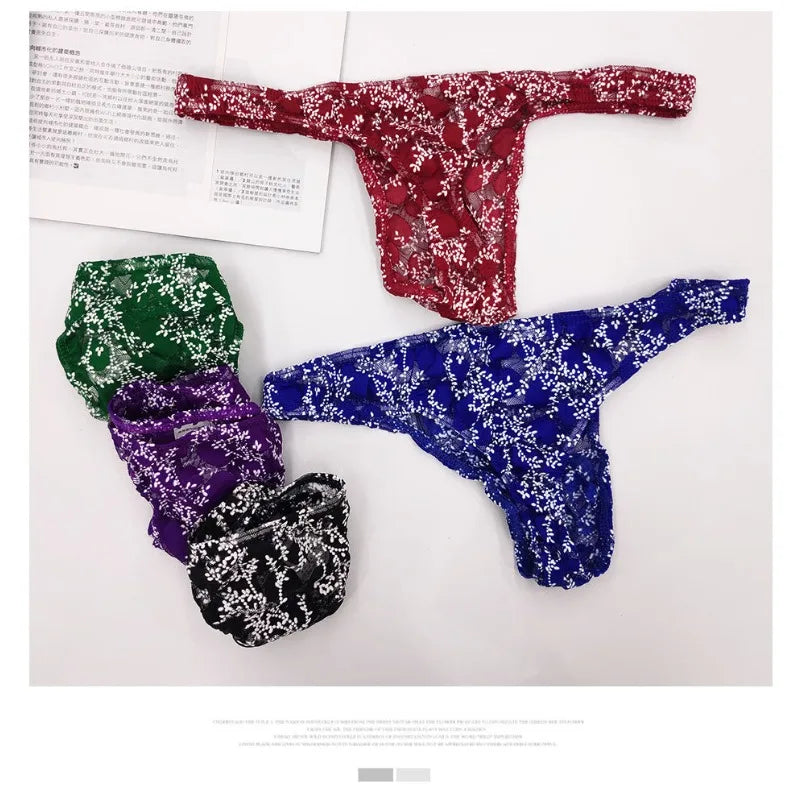 Sexy Toy Men's Low Rise Lace Thong and G-Strings Mesh Lingerie Men's Solid Color Mini Tangas Breathable Jockstrap Sissy Panties