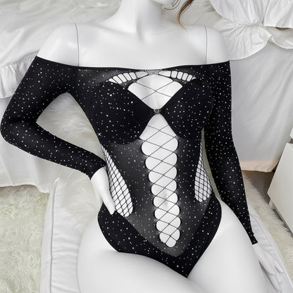 Bodysuit Filet Strass Manches Longues - Épaules Dénudées - Nos Petits KIFF