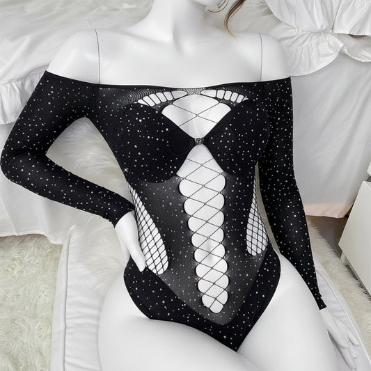 Summer One-Piece Bodysuit for Women - Sexy Fishnet Hollow Body Lingerie with Off-Shoulder Sparkle Rhinestones and Long Sleeves