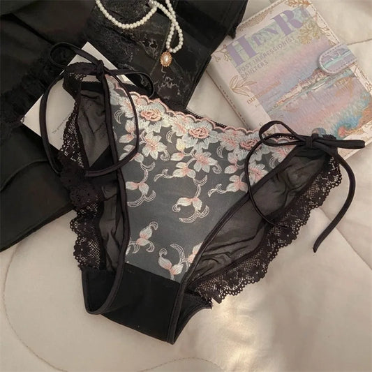 Low Waist Embroidery Flower Lingerie Panties Transparent Sweet Underwear for Women Cotton Crotch Mesh Lace Briefs Girl