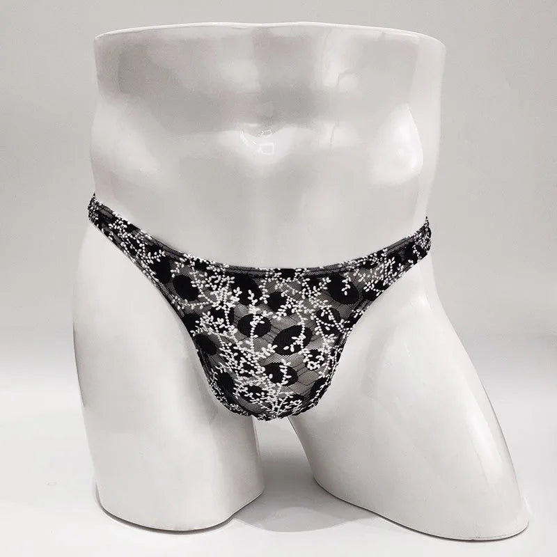 Sexy Toy Men's Low Rise Lace Thong and G-Strings Mesh Lingerie Men's Solid Color Mini Tangas Breathable Jockstrap Sissy Panties
