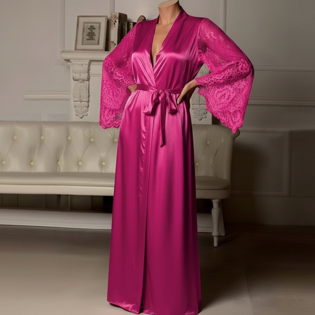 Women's Long Bath Robe Summer Nightgown Lace Patchwork Lingerie Nightdress Sleepwear Sexy Robe Femme Nightgown Bridesmaid Robes