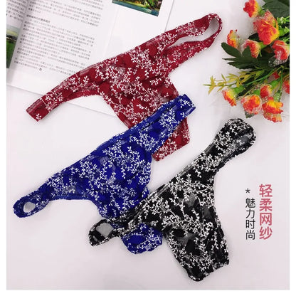 Sexy Toy Men's Low Rise Lace Thong and G-Strings Mesh Lingerie Men's Solid Color Mini Tangas Breathable Jockstrap Sissy Panties