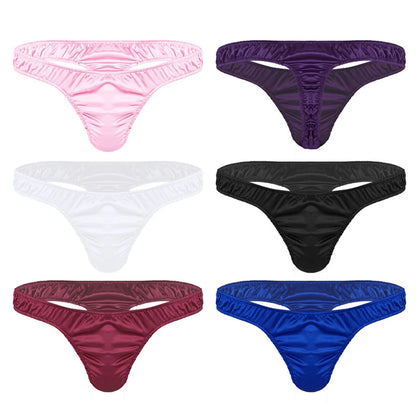 Men's Low-Rise G-String Briefs, Male Gay Sissy Panties Underwear, Soft Shiny Satin, Men's Ruffled Thong Underpants, Sexy Lingerie