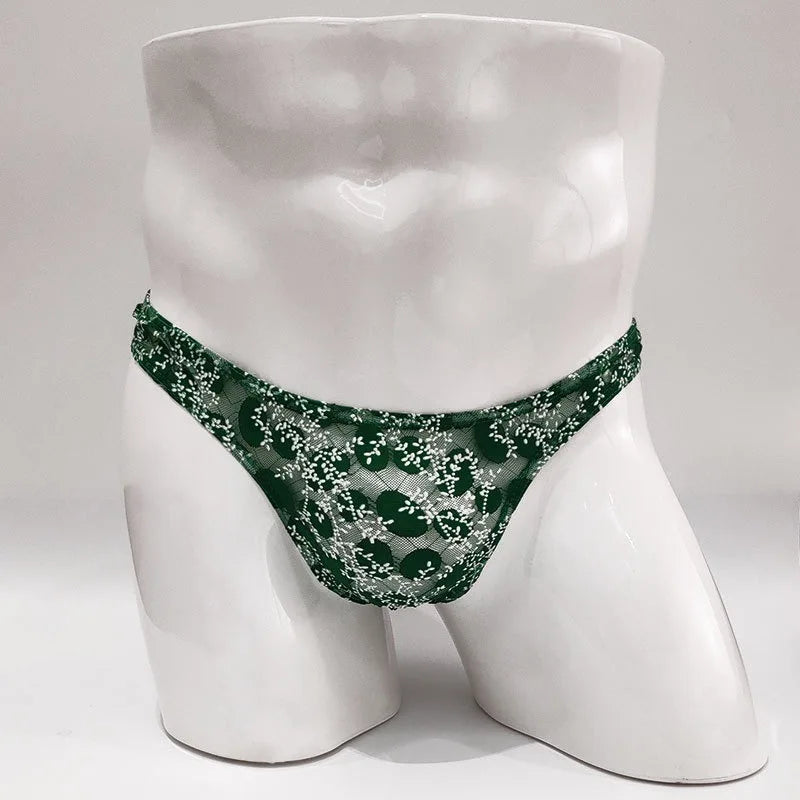 Sexy Toy Men's Low Rise Lace Thong and G-Strings Mesh Lingerie Men's Solid Color Mini Tangas Breathable Jockstrap Sissy Panties