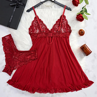 Women's Nightdress Sexy Lace Chemise Bow Nightgown Sleepwear Mini Dress Plus Size Deep V Babydoll Lingerie Sexy Sleepdress Nighty