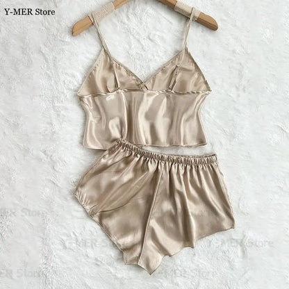 Champagne Women's Pyjamas Ice Silk Lingerie Lady Satin Loungewear Summer New Cami Top Shorts Sexy 2 Pieces Pijama Mujer Nightwear