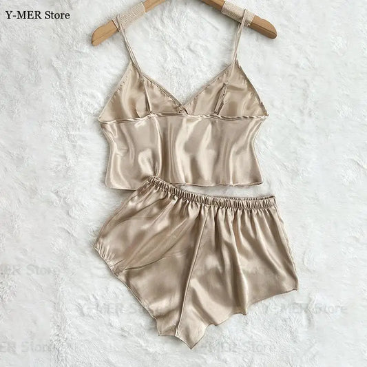 Champagne Women's Pyjamas Ice Silk Lingerie Lady Satin Loungewear Summer New Cami Top Shorts Sexy 2 Pieces Pijama Mujer Nightwear