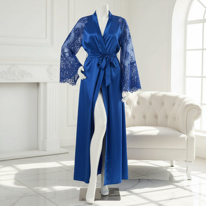 Women's Long Bath Robe Summer Nightgown Lace Patchwork Lingerie Nightdress Sleepwear Sexy Robe Femme Nightgown Bridesmaid Robes